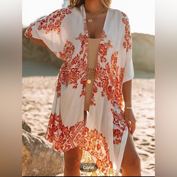 Blue Red & White Floral Kimono - One Size